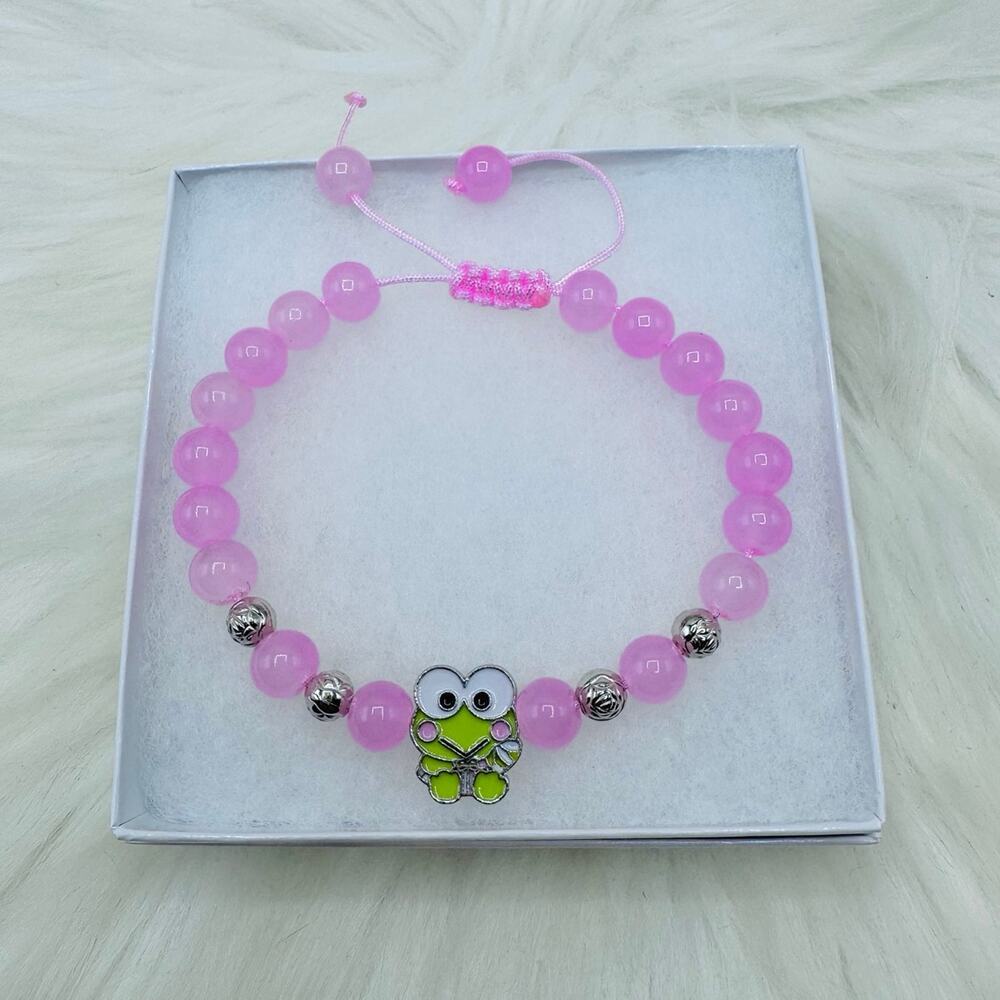 Cute Pink Adjustable Beaded Keroppi Charm Bracelet